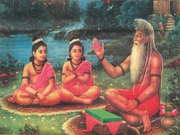 Ram and Lakshman bow reverently before Sage Vishwamitra